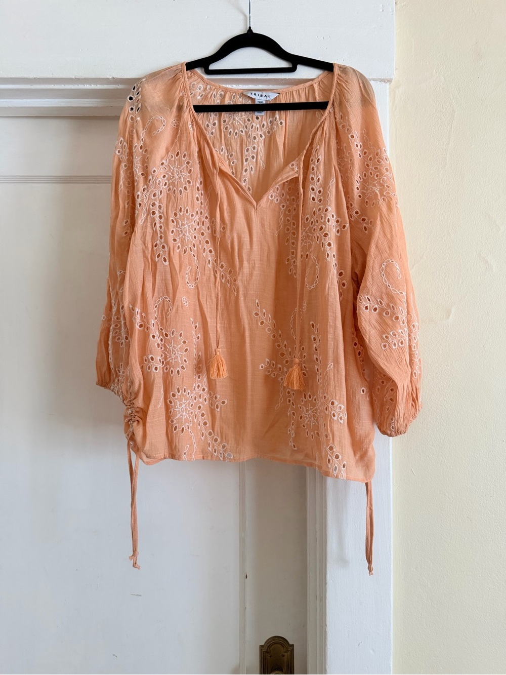 Tribal Peach Embroidered Peasant Blouse with Tassel Ties